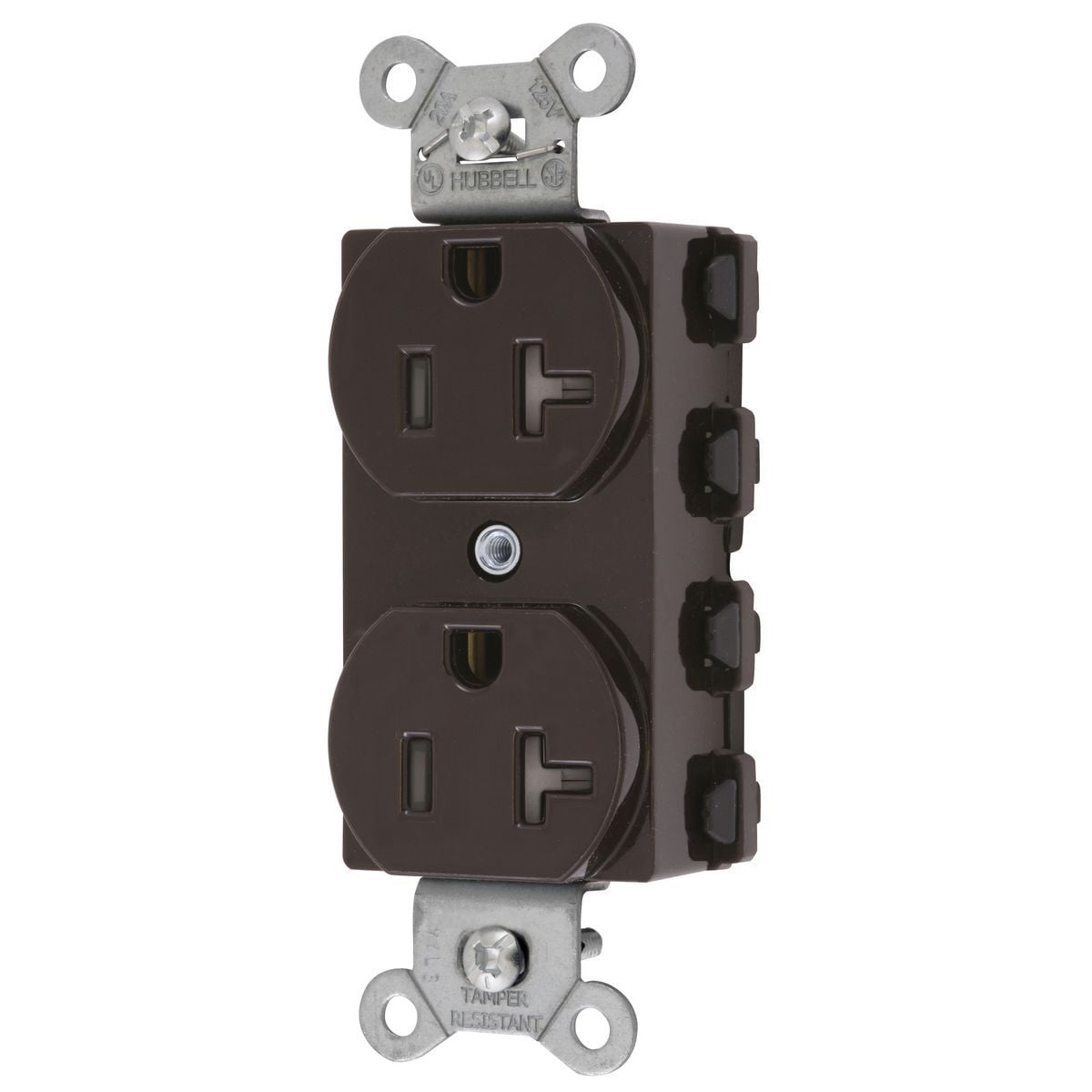SNAP5362TRA 1-Phase Duplex Extra Heavy Duty Grounding Standard Tamper-Resistant Traditional Screw Mount Straight Blade Receptacle, 125 V AC, 20 A, 2 Poles, 3 Wires, Brown