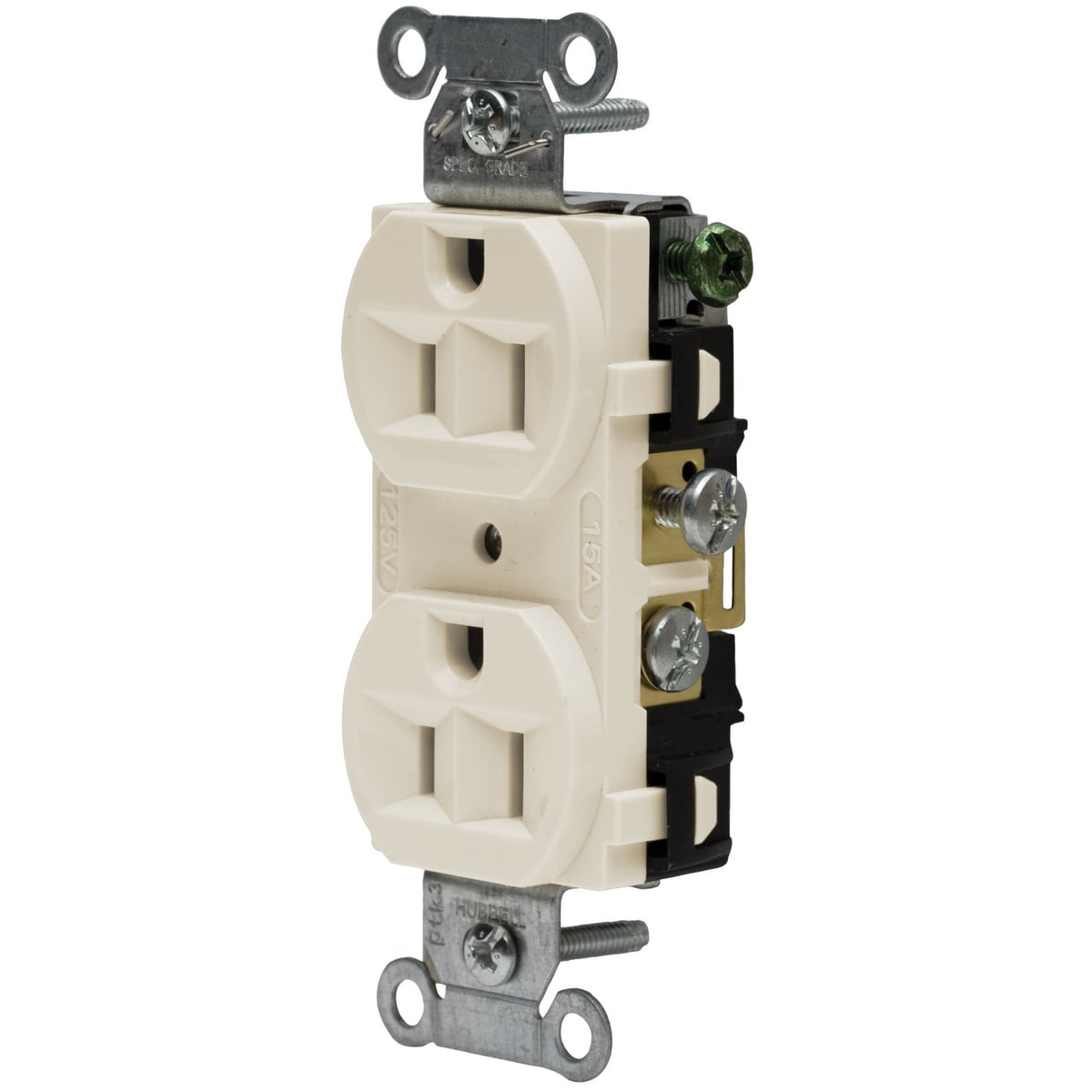 CRF15LA 1-Phase Duplex Finder Groove Face Self-Grounding Standard Traditional Straight Blade Receptacle, 125 VAC, 15 A, 2 Poles, 3 Wires, Light Almond