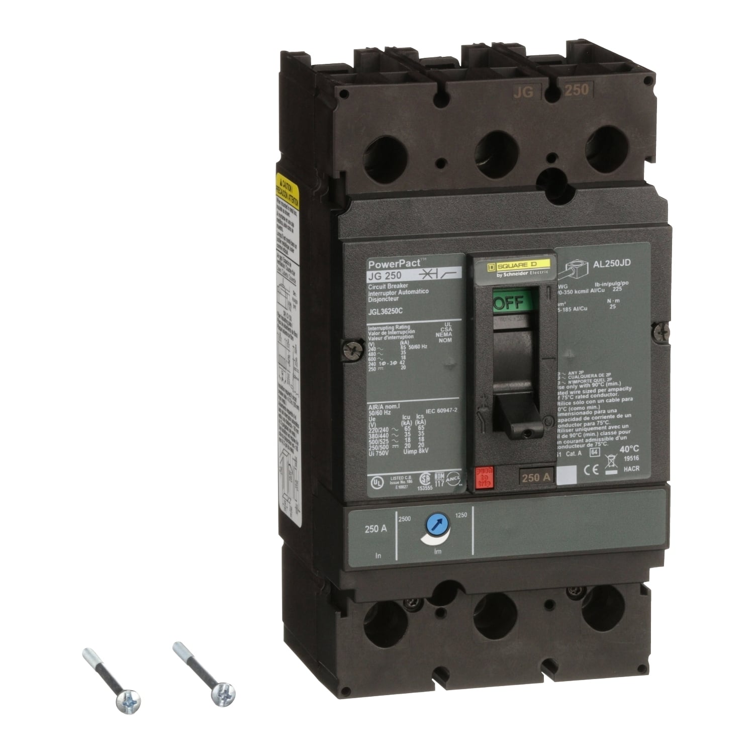 JGL36250C PowerPact Type JGL Molded Case Circuit Breaker, 600 VAC, 500 VDC, 250 A, 18/20/35/65 kA Interrupt, 3 Poles, Thermal Magnetic Trip