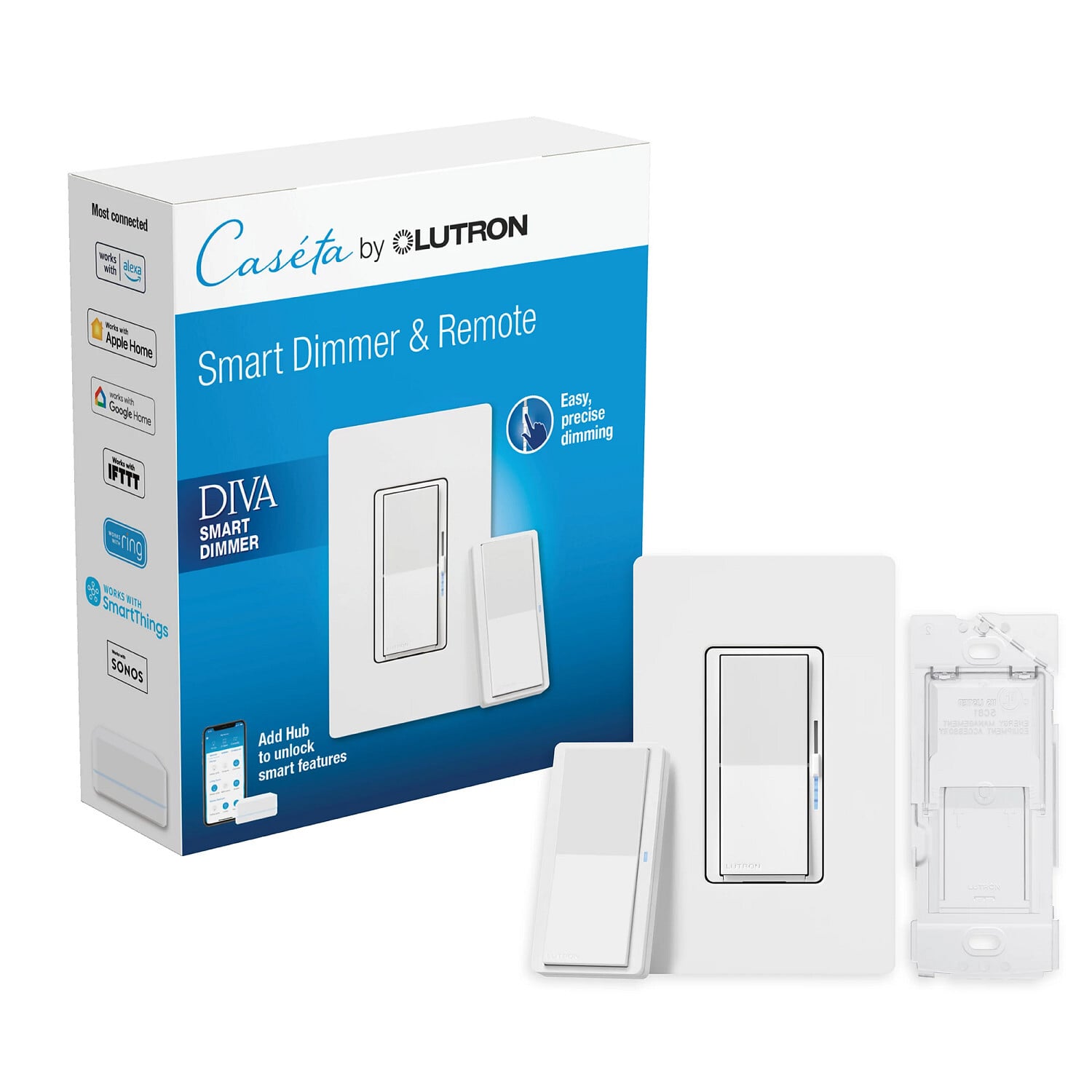 DVRF-PKG1D-WH Diva Smart Dimmer Switch 3-Way Kit with Pico Paddle Remote for Caseta System, White