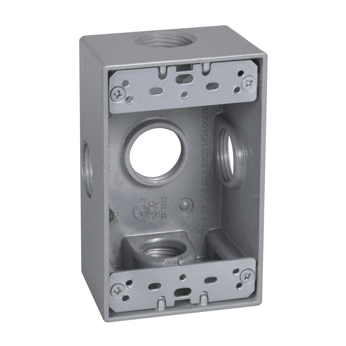 SB575XS Weatherproof Outlet Box With Side Lugs, Die Cast Metal, 18.3 cu-in Capacity, 1 Gangs, 5 Outlets, 4-1/2 in L x 2-3/4 in W x 2 in D