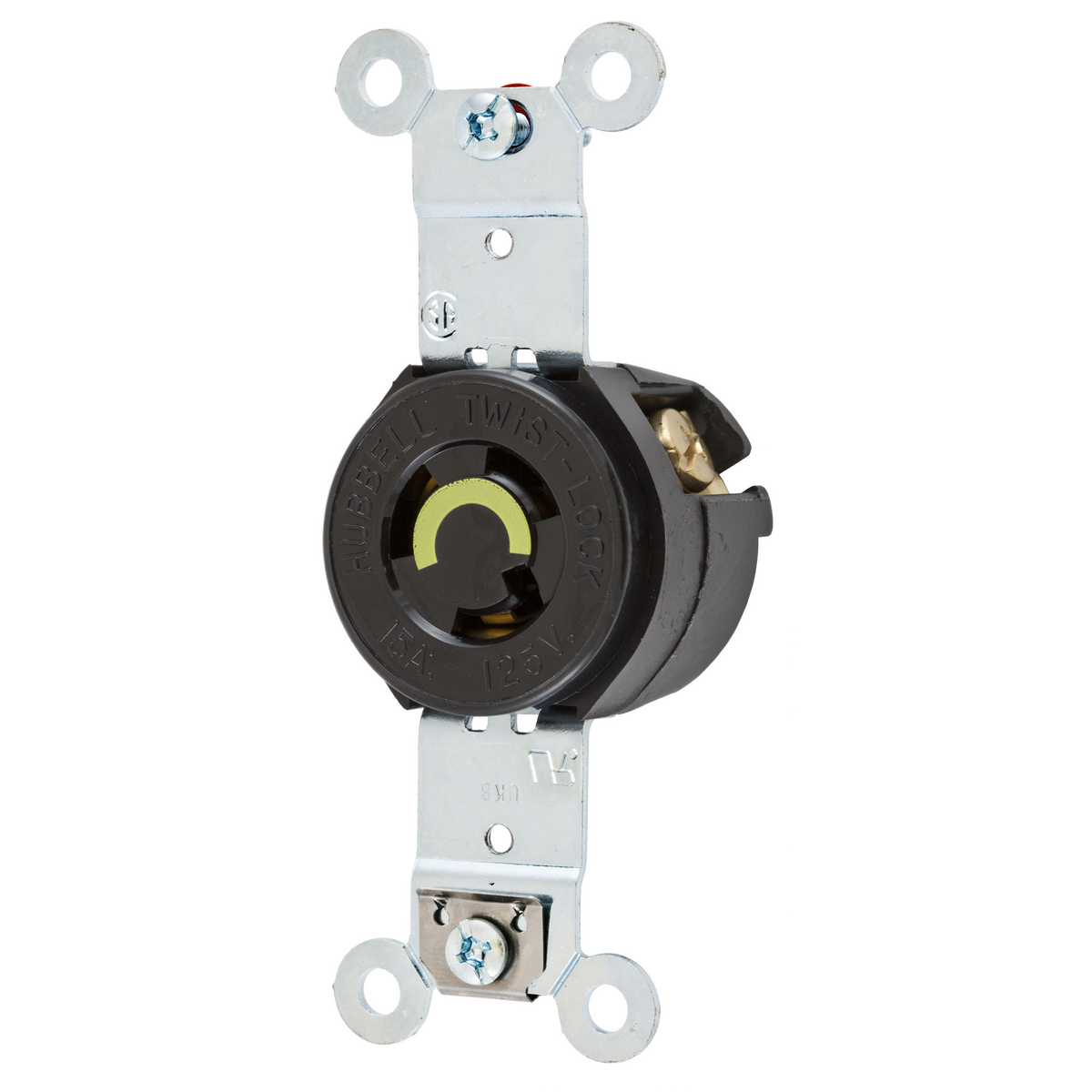 HBL4710RT 1-Phase Flush Mount Heavy Duty Grounding Standard Single Screw Mount Locking Receptacle, 125 V AC, 15 A, 2 Poles, 3 Wires, Black
