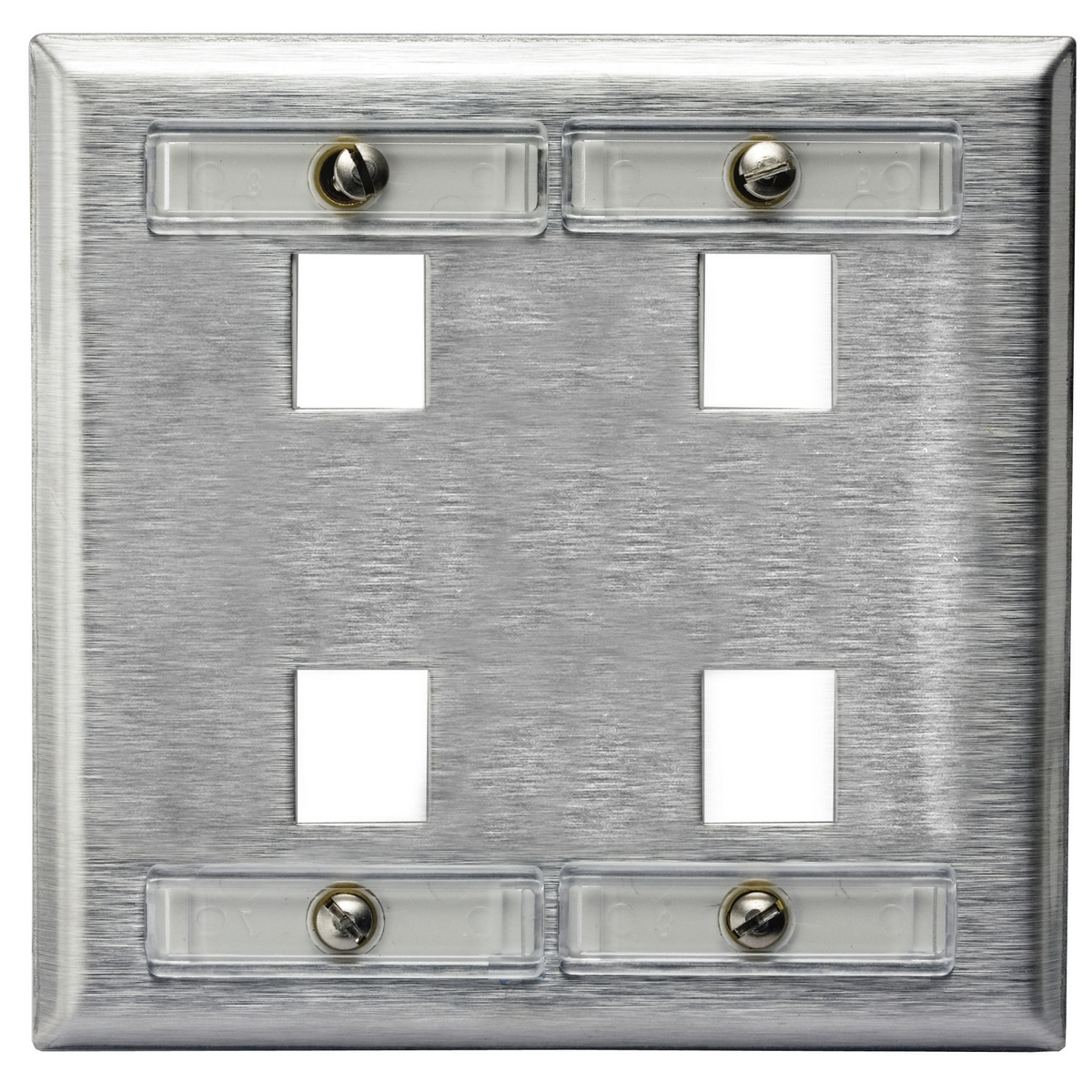 SSFL24 Keystone Standard Vertical Faceplate With Label Fields, 2 Gangs, 4 Ports, Fastened Mount, Stainless Steel