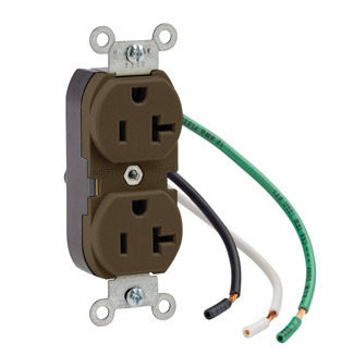 5340 1-Phase Duplex Heavy Duty Self-Grounding Slim Straight Blade Receptacle, 125 V AC, 20 A, 2 Poles, 3 Wires, Brown