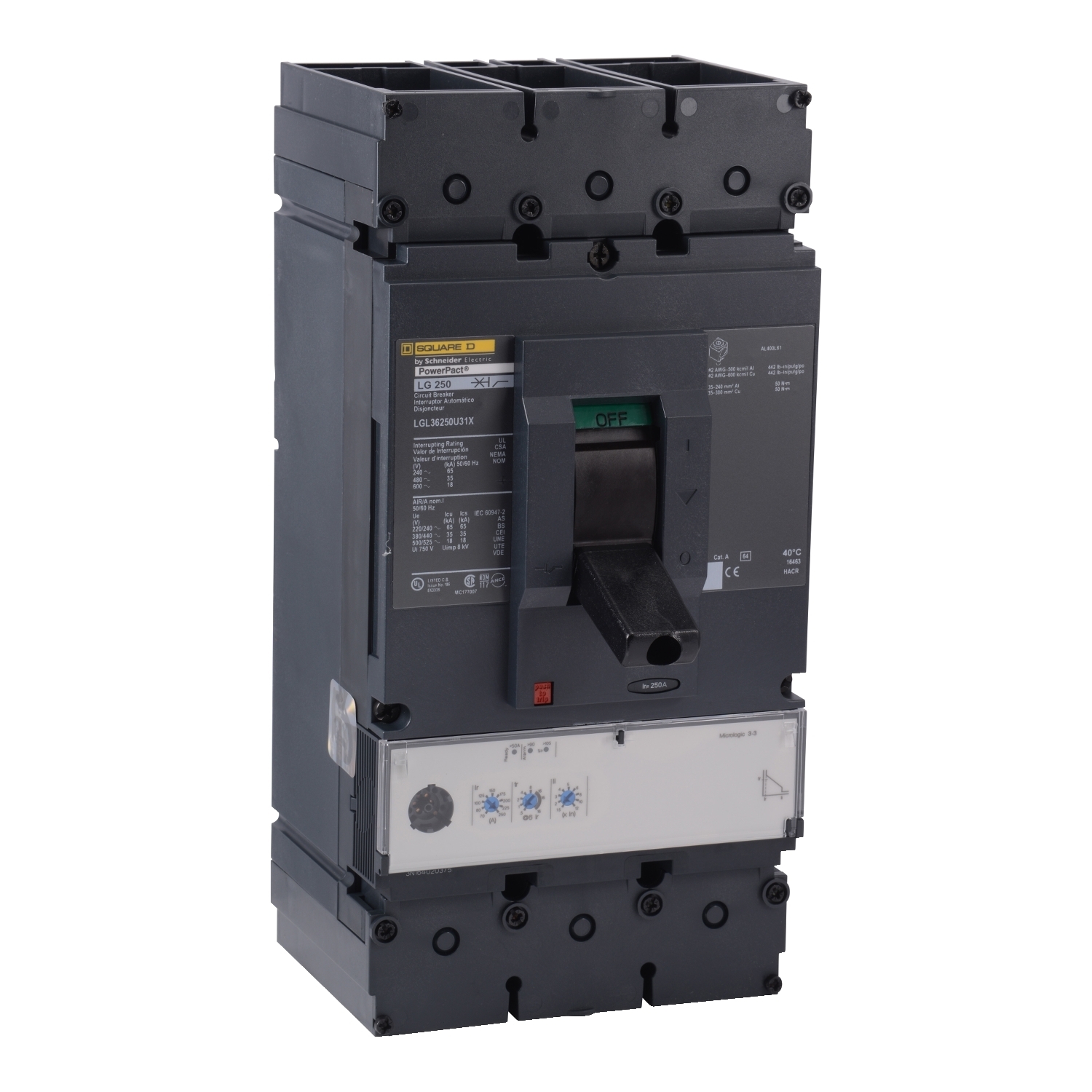 LGL36250U31X PowerPact Standard L Molded Case Circuit Breaker, 600 V AC, 250 A, 65 kA at 240 V AC/35 kA at 480 V AC/18 kA at 600 V AC Interrupt, 3 Poles, Electronic Trip