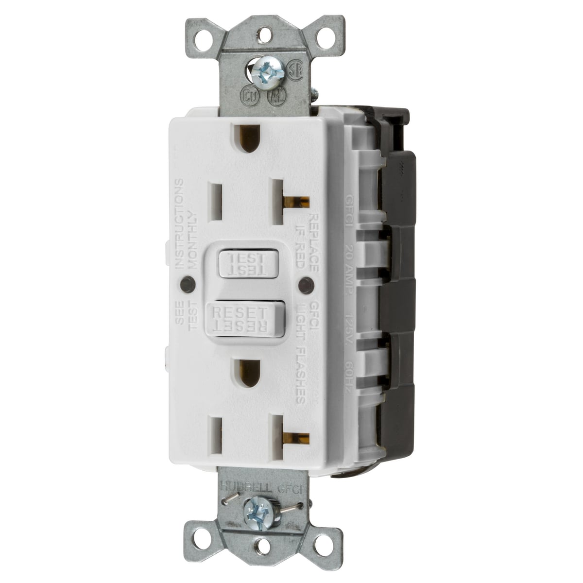GFRST20SNAPWNA 1-Phase Duplex Heavy Duty Insulated Self-Test Standard Screw Mount GFCI Receptacle, 125 VAC, 20 A, 2 Poles, 3 Wires, White