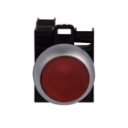 Eaton M22 modular pushbutton, Complete Device, 22.5 mm, Flush, Momentary, Illuminated, Bezel: Silver, Button: Red, 1NO-1NC, IP67, IP69K, NEMA 4X, 13, 85-264V