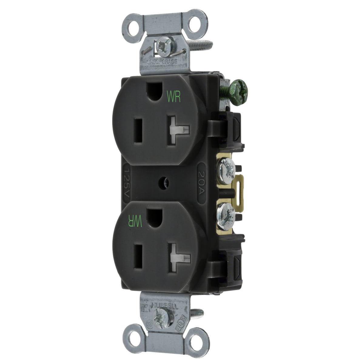 BR20BLKWRTR 1-Phase Duplex Tamper/Weather-Resistant Standard Traditional Screw Mount Straight Blade Receptacle, 125 V AC, 20 A, 2 Poles, 3 Wires, Black