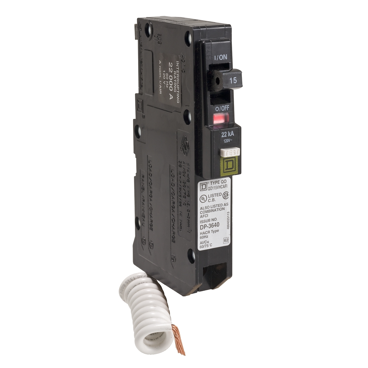 QO115VHCAFI Miniature Circuit Breaker, 15 Amp, 1 Pole, 120/240V