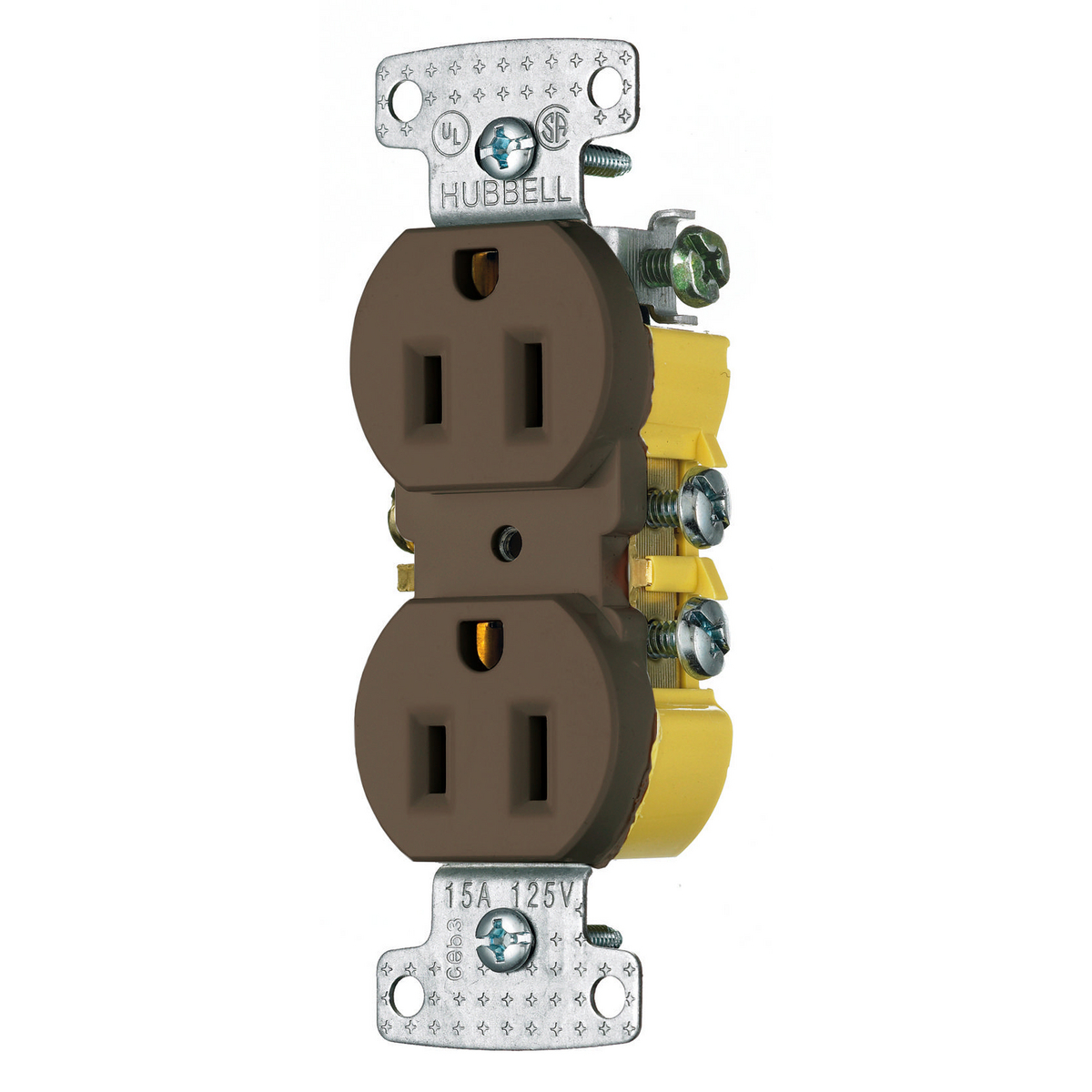 RR15 1-Phase Duplex Standard Screw Mount Straight Blade Receptacle, 125 V AC, 15 A, 2 Poles, 3 Wires, Brown