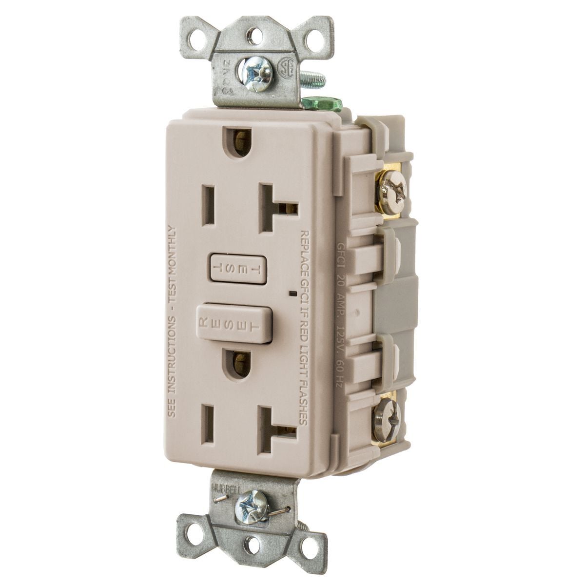 GF20LA Pro 1-Phase Duplex Heavy Duty Self-Test Self-Grounding Standard Staple Straight Blade GFCI Receptacle With LED Indicator, 125 VAC, 20 A, 2 Poles, 3 Wires, Brown