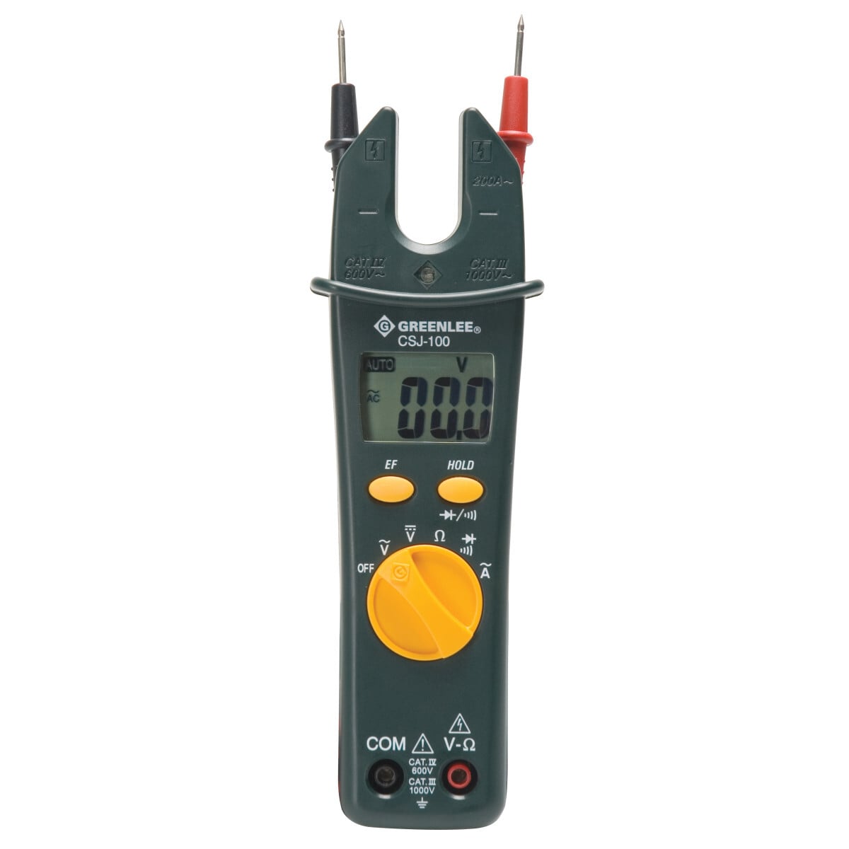 CSJ-100 Clamp Meter, 200 A at 200/1000 V AC/DC, 200 Ohm/20 kOhm/200 kOhm/2 Ohm/20 Ohm, 50/500 Hz, 1.02 in Jaw, LCD Display