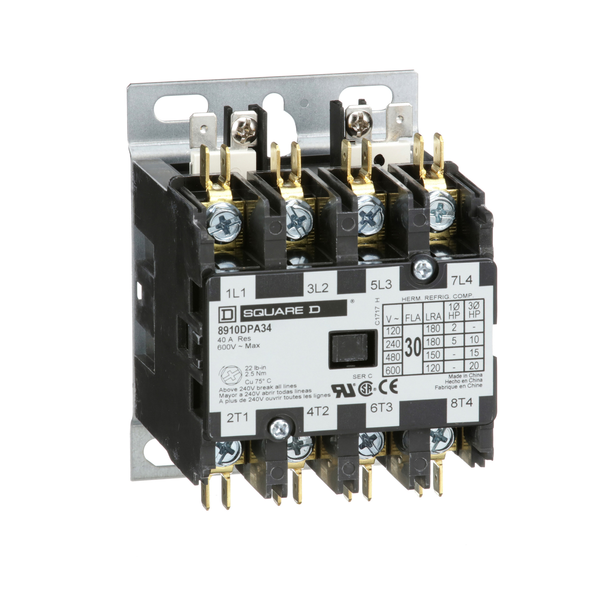 8910DPA34V06 Type DPA Definite Purpose Contactor, 440/480 V AC V Coil, 30 A, 4NO Contact, 4 Poles