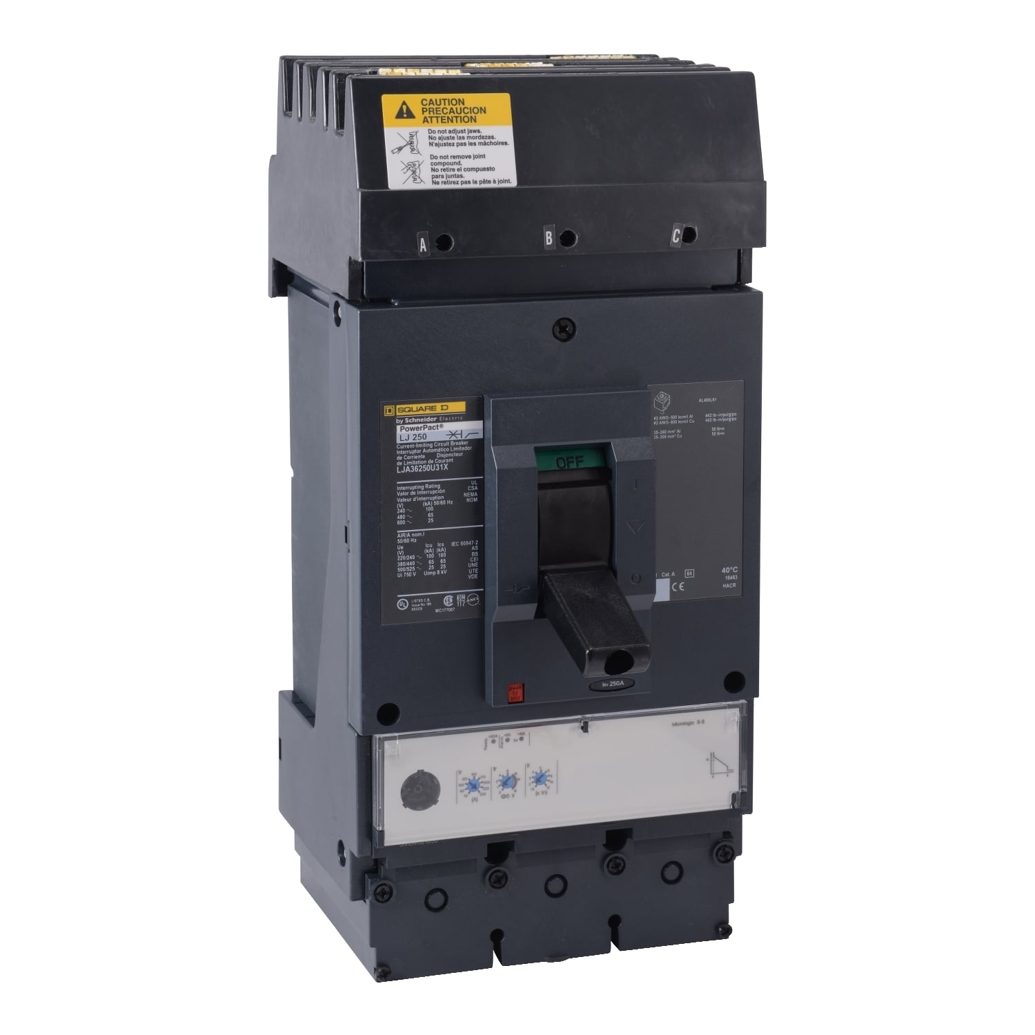LJA36250CU31X I-Line PowerPact Standard Molded Case Circuit Breaker, 600 V AC, 250 A, 100 kA at 240 V AC/65 kA at 480 V AC/25 kA at 600 V AC Interrupt, 3 Poles, Electronic Trip