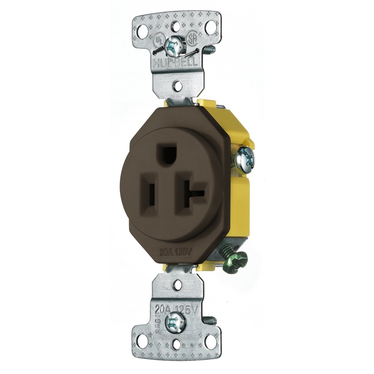 RR201 1-Phase Single Standard Screw Mount Straight Blade Receptacle, 125 V AC, 20 A, 2 Poles, 3 Wires, Brown