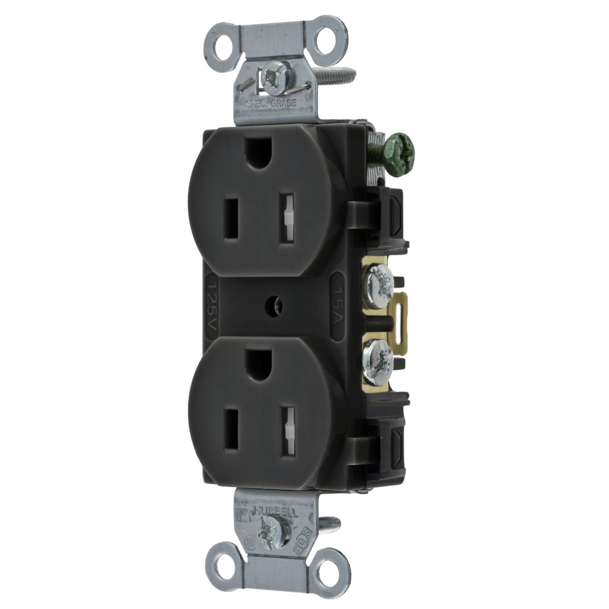 BR15BLKTR 1-Phase Duplex Self-Grounding Standard Tamper-Resistant Traditional Screw Mount Straight Blade Receptacle, 125 V AC, 15 A, 2 Poles, 3 Wires, Black