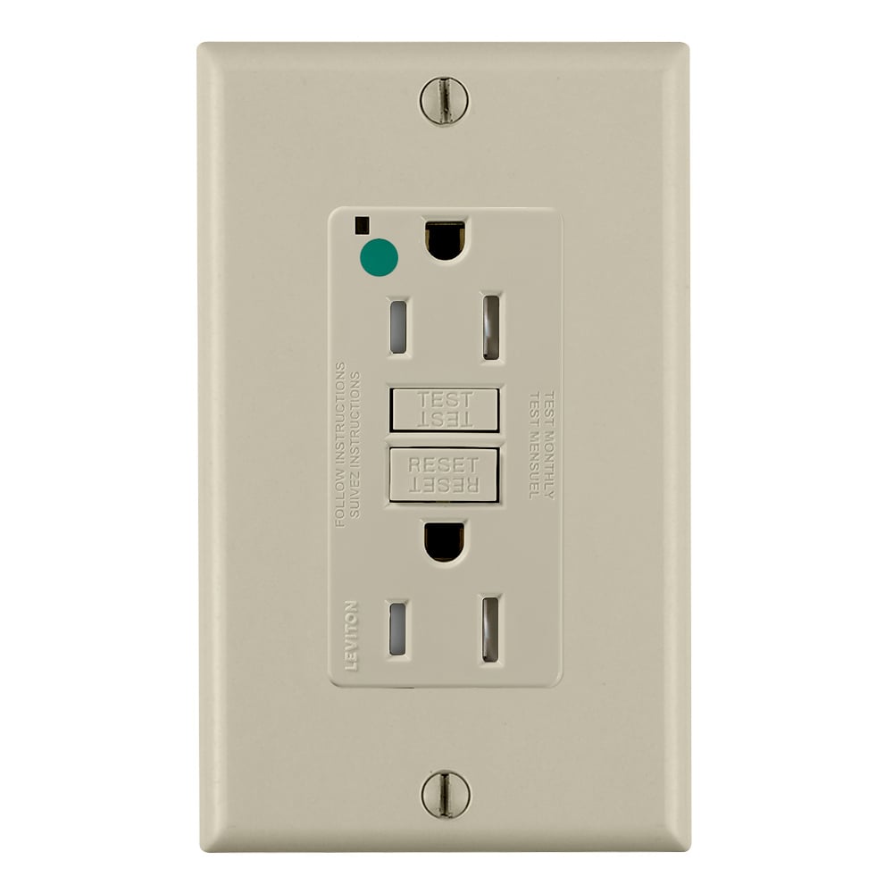 GFTR1-HGI SmartlockPro Slim Duplex Feed Through Self-Test Tamper Resistant GFCI Receptacle With LED Indicator, 125 V AC, 15 A, 2 Poles, 3 Wires, Ivory