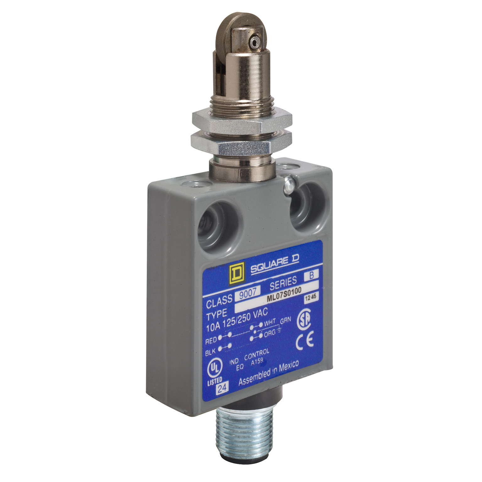 9007MS07S0054 Miniature Potted Fixed Limit Switch, 240 VAC, 10 A, Roller Plunger Actuator, 1NO-1NC Contact, 1 Poles