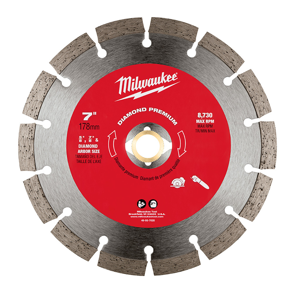 49-93-7020 Premium Segmented Circular Diamond Saw Blade, 7 in Dia Blade, 5/8 in, 7/8 in Arbor/Shank, Wet/Dry Cutting