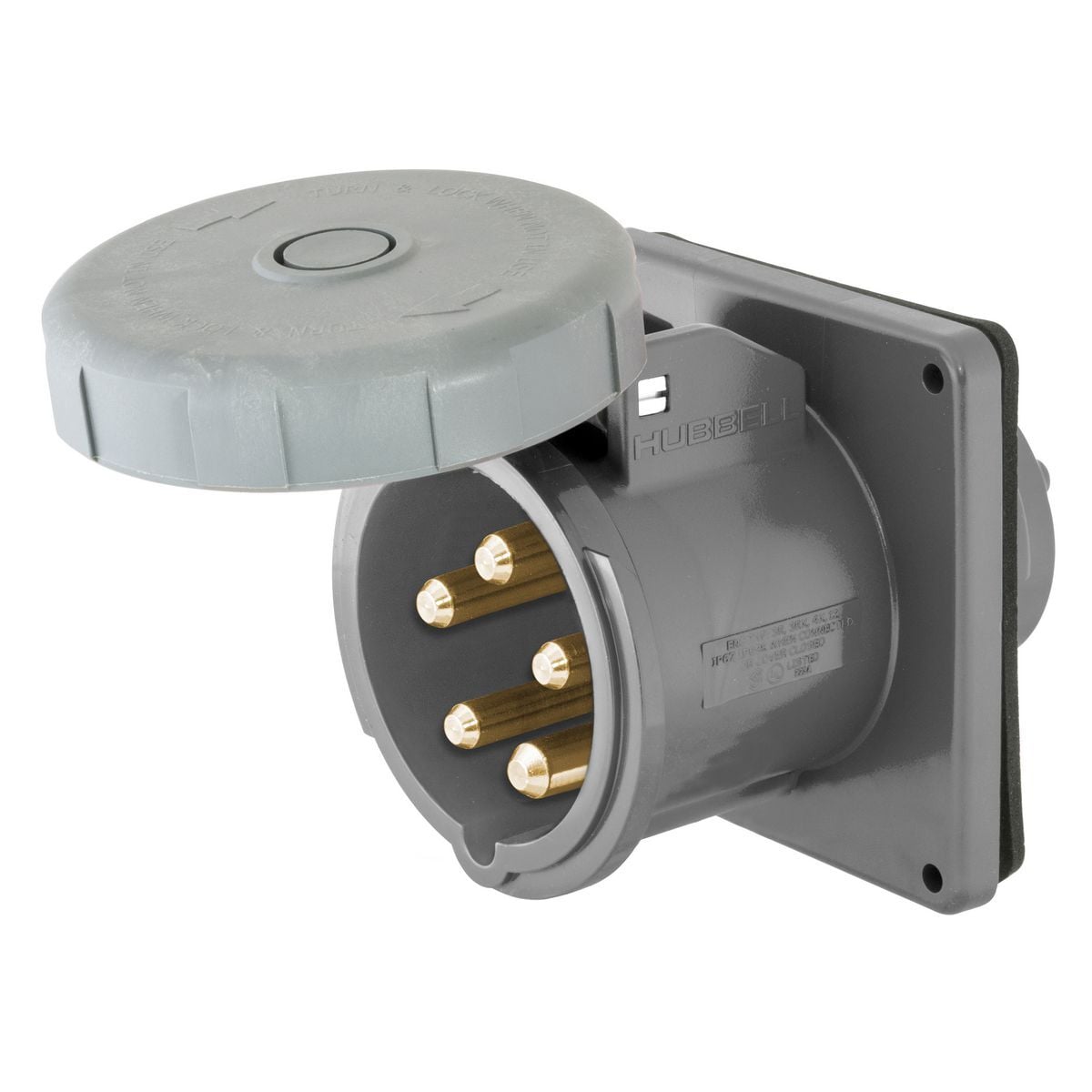 M5100B7R 3-Phase Flanged Male Hull Mount Single Standard Watertight Screw Mount Pin and Sleeve Inlet, 277/480 V AC, 100 A, 4 Poles, 5 Wires, Gray