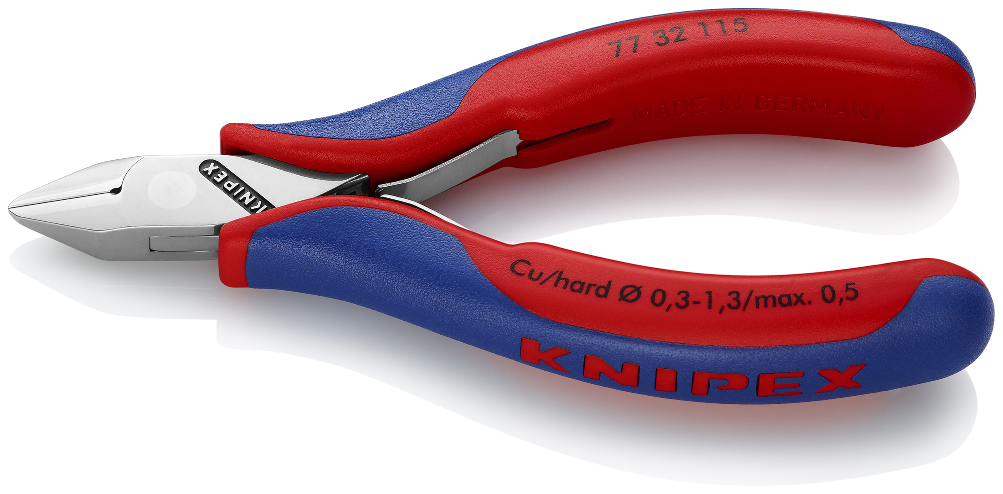 Electronics Diagonal Cutters, 4 1/2 in., Multi-component, Polished, Semi-flush with Small Bevel Cut, Tapered Head, Up to 1/64 in. Hard Wire