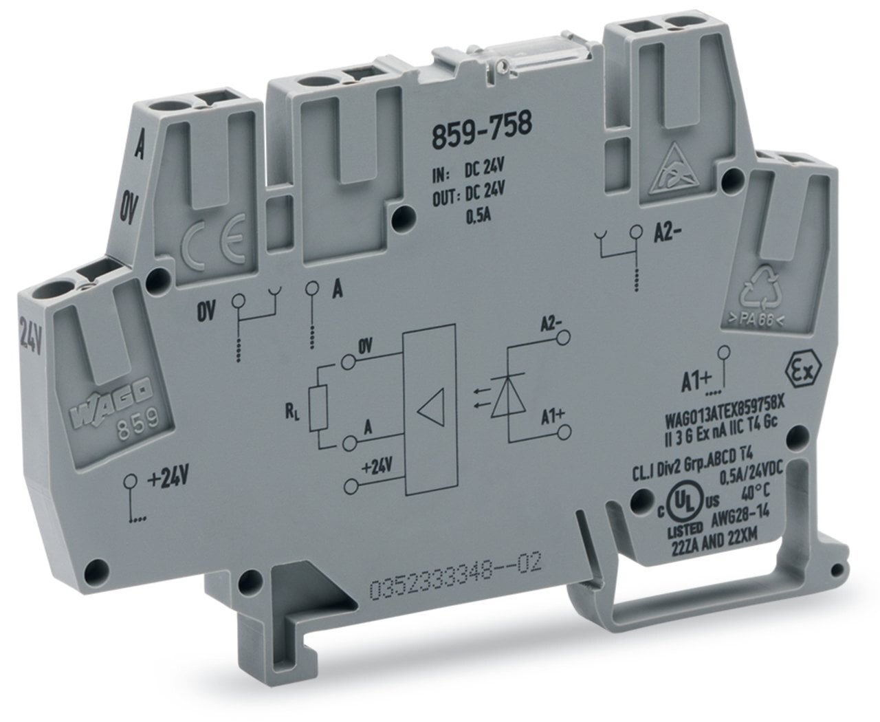 Optocoupler module; Nominal input voltage: 24 VDC; Output voltage range: 20  30 VDC; Limiting continuous current: 0.5 A; Frequency: 10 kHz; Module width: 6 mm; gray