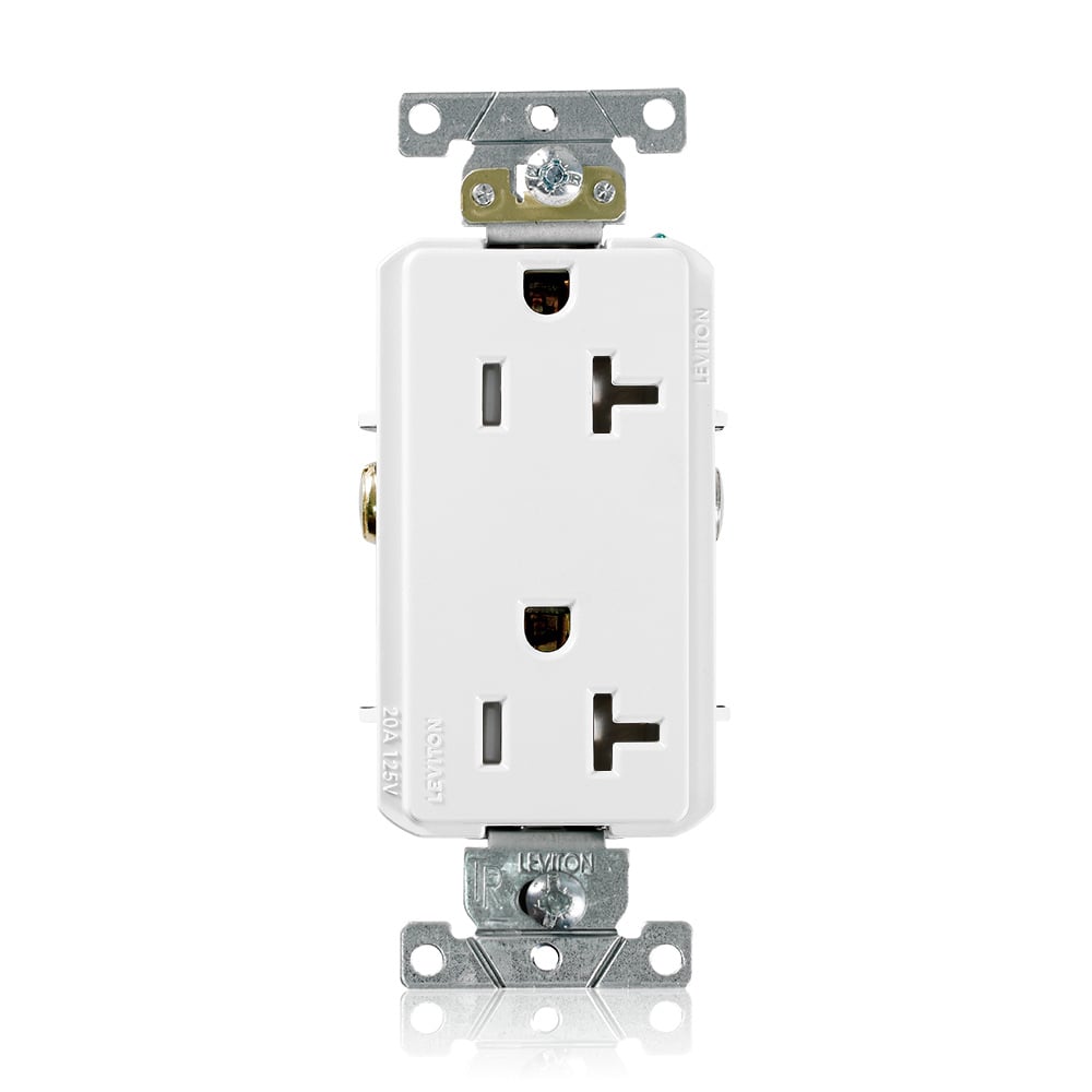 TDR20-W TDR20 Duplex Heavy Duty Self-Grounding Smooth Face Tamper-Resistant Straight Blade Receptacle, 125 V AC, 20 A, 2 Poles, 3 Wires, White