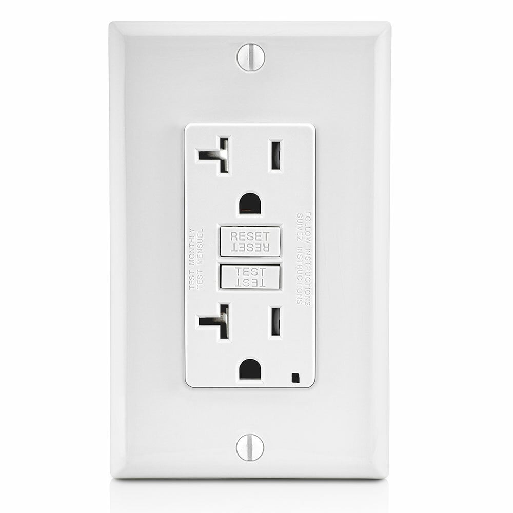GFTR2-FW Feed Through Self-Test Slim Tamper Resistant GFCI Receptacle With White Test, Reset Button, 120 V AC, 20 A, 2 Poles, 3 Wires, White