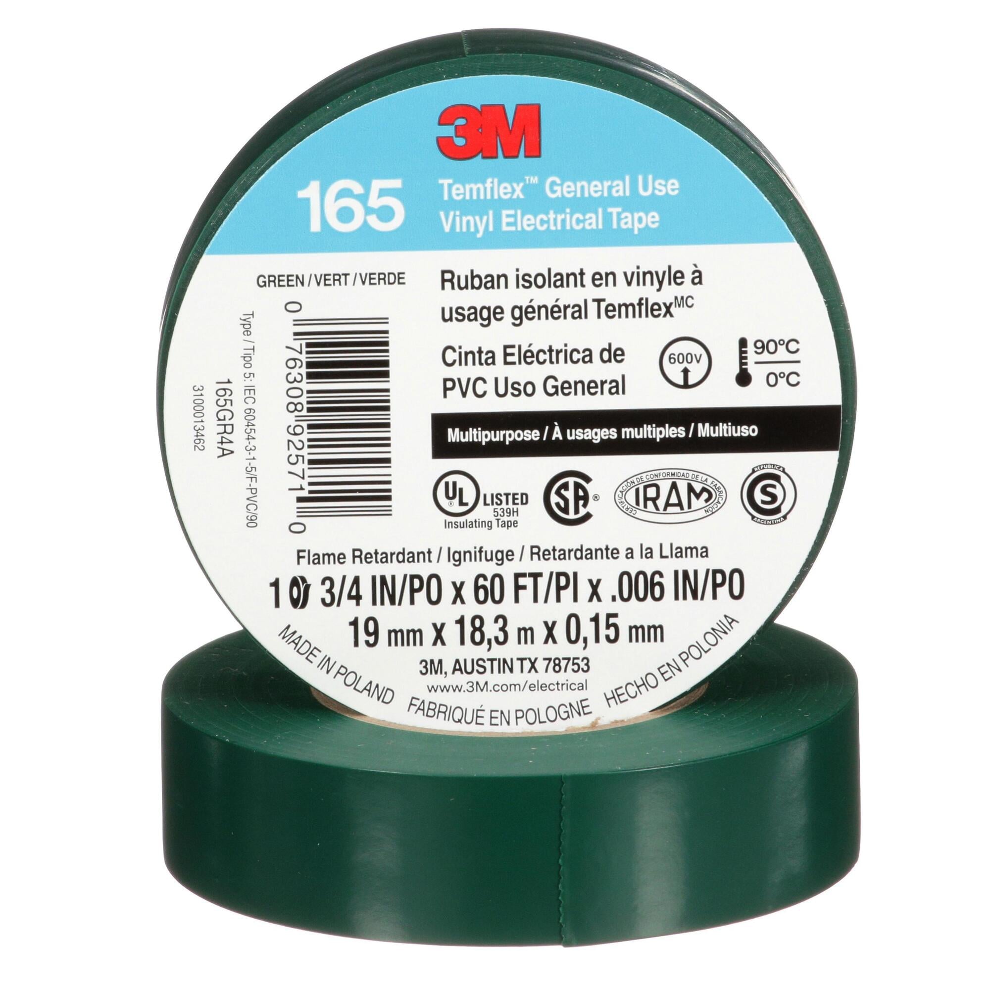 7100169430 Temflex 165GR4A Electrical Tape, 20 yd L 0.75 in W, 0.6 in THK, Vinyl, Rubber Adhesive, PVC Backing, Green