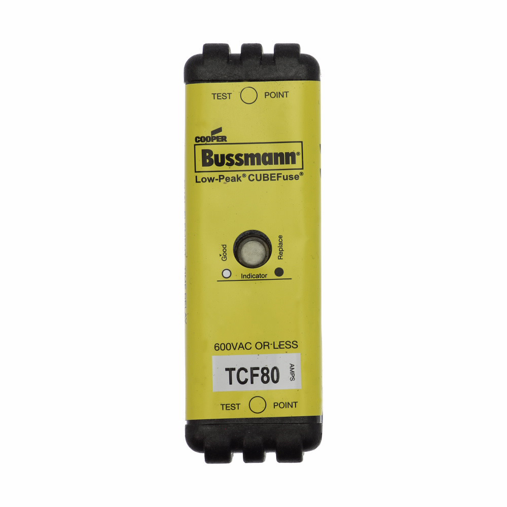 TCF80 CUBEFuse Indicating Non-Rejection Time Delay Fuse, 80 A, 600 V AC/300 V DC, 100/300 kA Interrupt, Class: CF, Square Blade Body