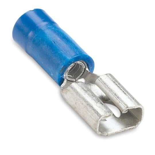 RB257 Sta-Kon 250 Female Disconnect, 16 to 14 AWG Conductor, 0.25 in W x 0.032 in THK Tab, Brazed Seam Barrel, Brass, Blue, Insulated