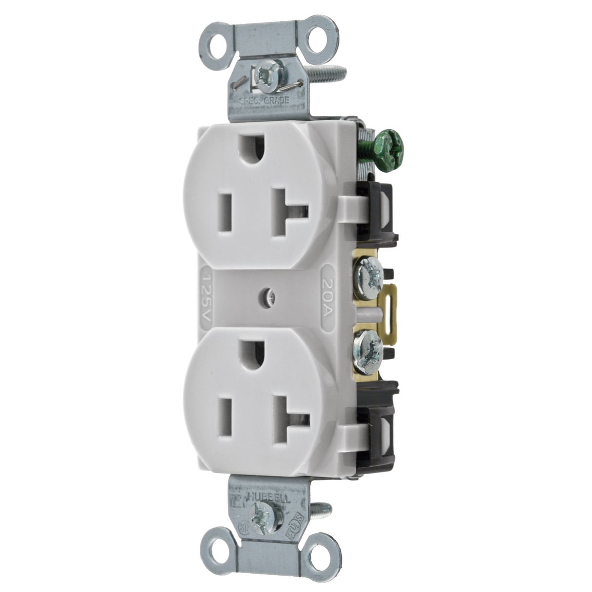 BR20OW 1-Phase Duplex Self-Grounding Standard Traditional Screw Mount Straight Blade Receptacle, 125 VAC, 20 A, 2 Poles, 3 Wires, Office White