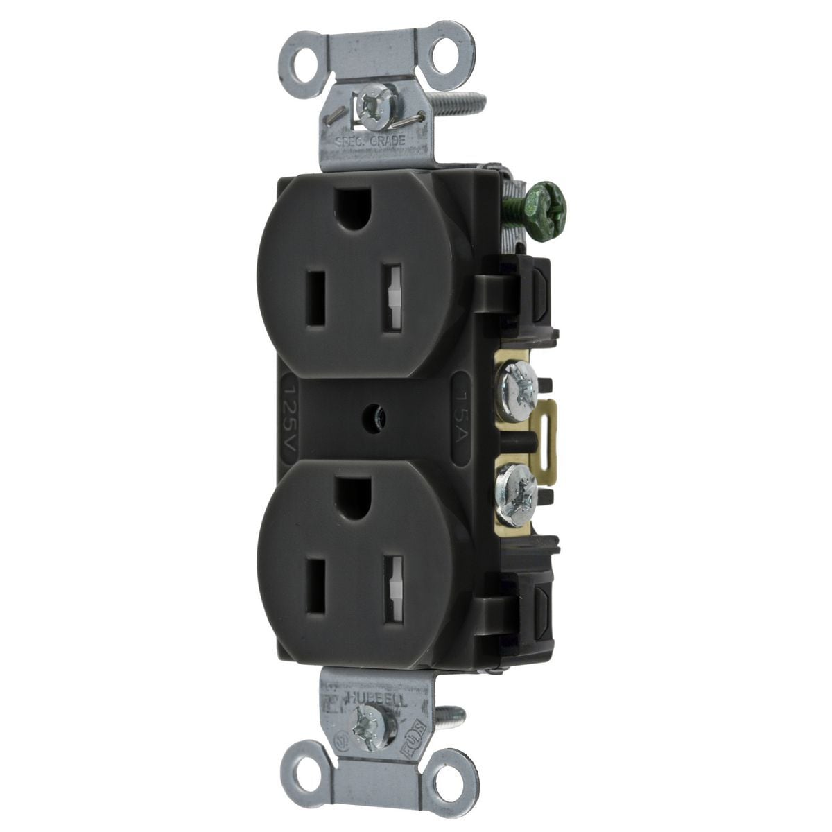 5252BLKTR 1-Phase Duplex Heavy Duty Self-Grounding Standard Tamper-Resistant Screw Mount Straight Blade Receptacle, 125 VAC, 15 A, 2 Poles, 3 Wires, Black