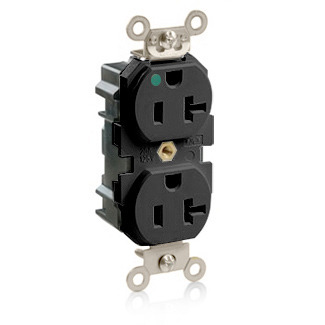 MT830-E Lev-Lok Duplex Heavy Duty Self-Grounding Tamper Resistant Straight Blade Receptacle, 125 V AC, 20 A, 2 Poles, 3 Wires, Black