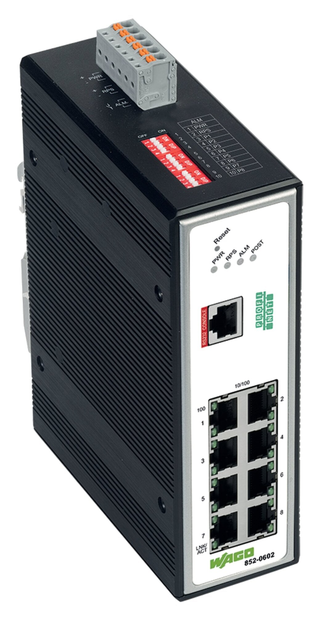 Industrial-Managed-Switch; 8-port 100Base-TX; PROFINET; Extended temperature range; metallic black
