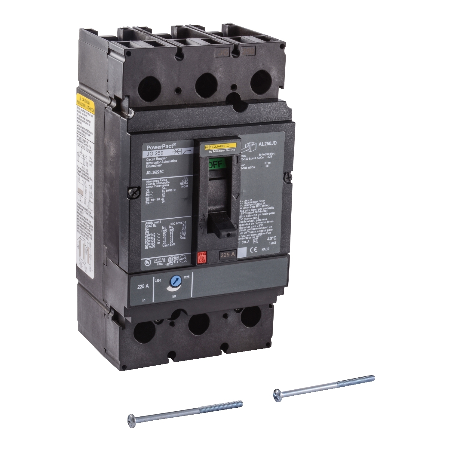 JGL36225C PowerPact Type JGL Molded Case Circuit Breaker, 600 V AC/500 V DC, 225 A, 65 kA at 240 VAC/35 kA at 480 VAC/18 kA at 600 VAC/20 kA at 250 VDC Interrupt, 3 Poles, Thermal Magnetic Trip