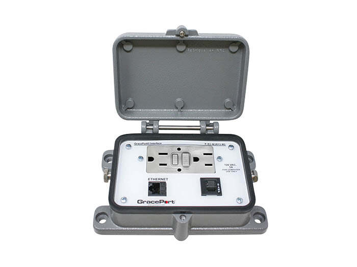 Panel Interface Connector with Category 5e RJ45, Panel Mount Housing with Metal Cover, GFCI Duplex Inside-Outlet, 5 Amp Circuit Breaker
