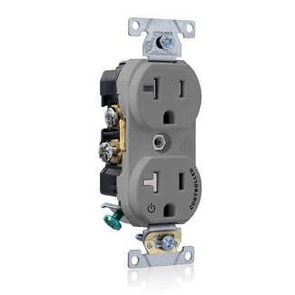TBR20-S1G Duplex Self-Grounding Tamper Resistant Straight Blade Receptacle With 1 Plug Controlled Markings, 125 V AC, 20 A, 2 Poles, 3 Wires, Gray