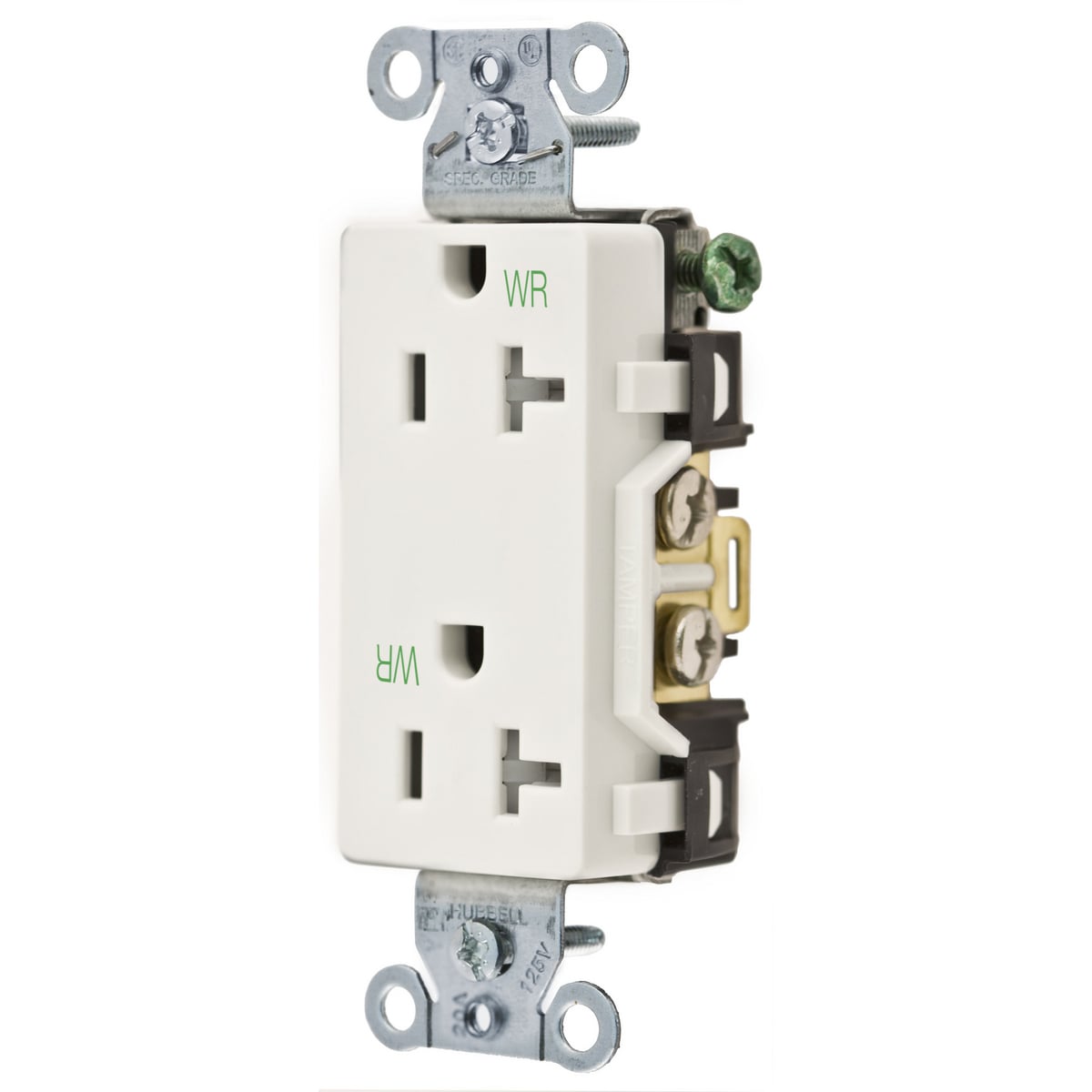 DR20WHIWRTR 1-Phase Decorator Duplex Self-Grounding Standard Tamper/Weather Resistant Screw Mount Straight Blade Receptacle, 125 V AC, 20 A, 2 Poles, 3 Wires, White