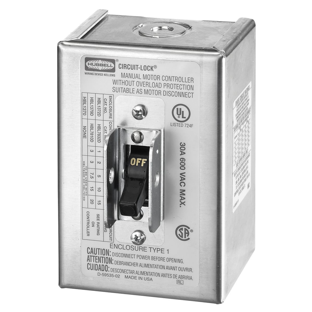 HBL1372D Standard Disconnect Switch, 600 V, 30 A, 15 hp, 2 Poles
