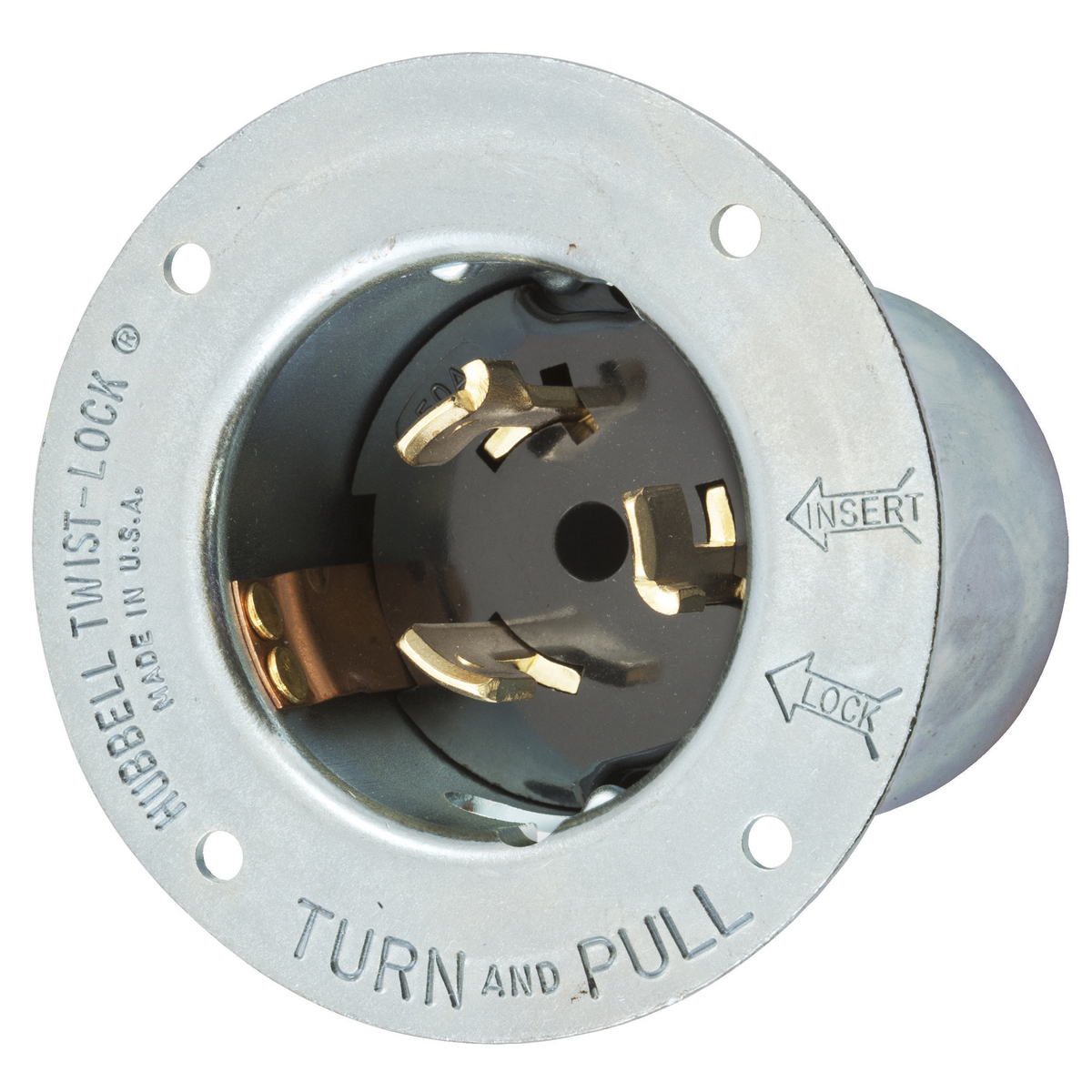 CS8175 3-Phase Extra Heavy Duty Grounding Standard Screw Mount Locking Flanged Inlet, 480 V AC, 50 A, 3 Poles, 4 Wires, Metallic