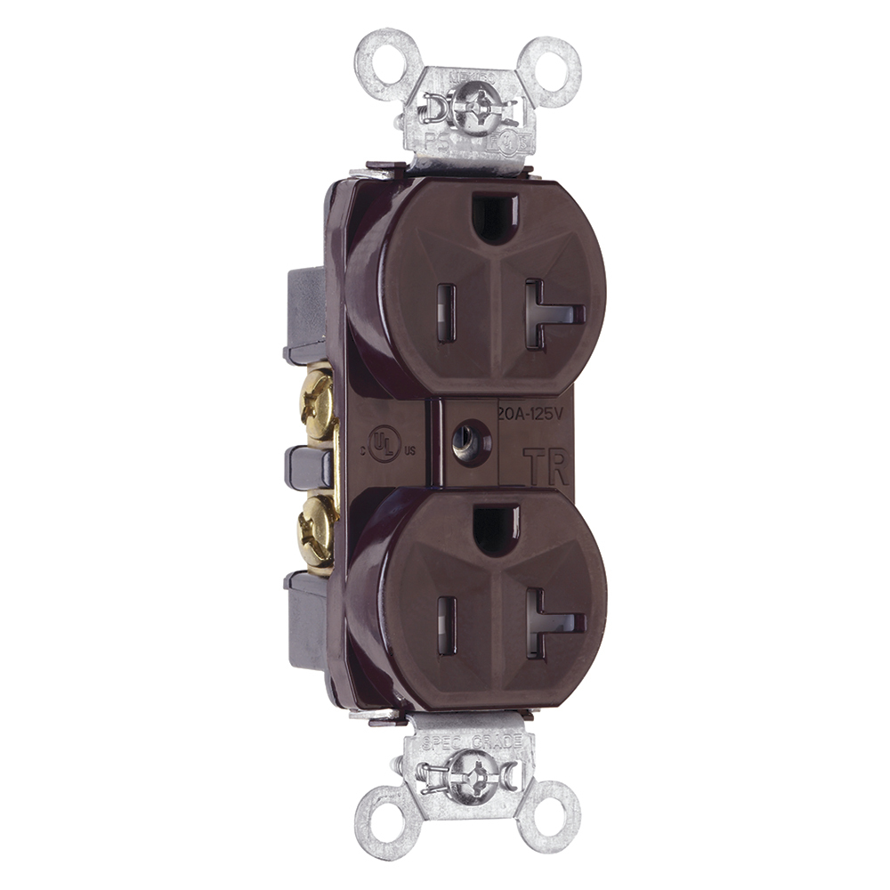 TR5362 20 Amp 125V Construction Spec-Grade Duplex Receptacle, Back and Side Wire, Brown