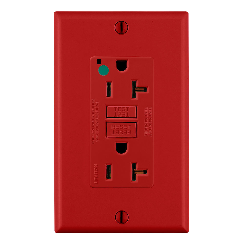 GFNT2-HGR SmartlockPro Slim Duplex Feed Through Non-Tamper Resistant Self-Test GFCI Receptacle, 125 V AC, 20 A, 2 Poles, 3 Wires, Red