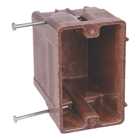 Single-Gang Nail-On Outlet Box, Volume 20.3 Cubic Inches, Length 3-7/8 Inches, Width 2-3/8 Inches, Depth 3-3/8 Inches, Color Brown, Material Phenolic, Mounting Means Recessed Angled Nails