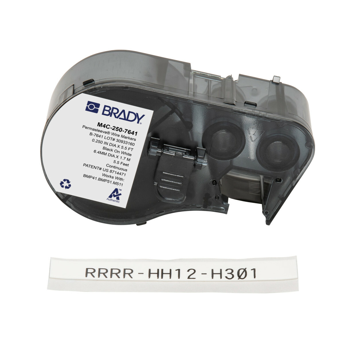 M4C-250-7641 Heat Shrink Wire and Component Label, 1.68 m L x 11.15 mm W, Black on White, B-7641 Polyolefin