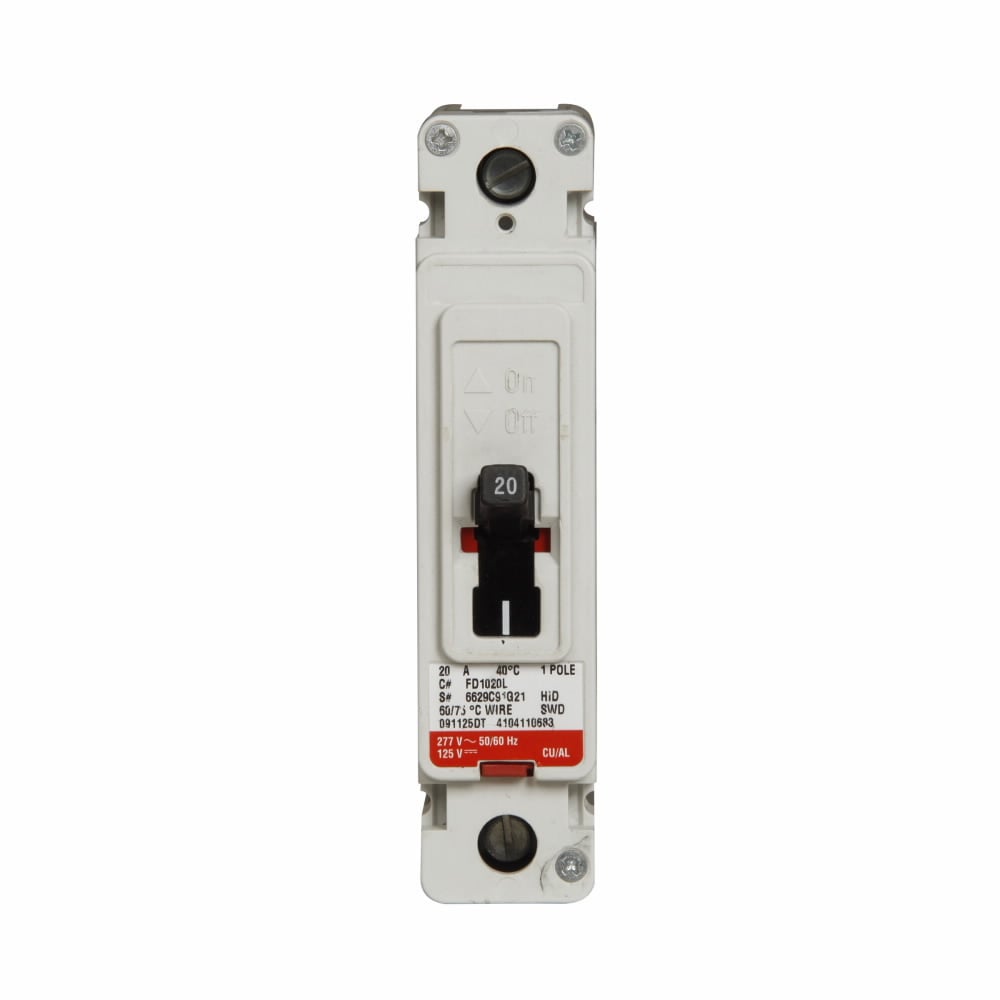 FD1020L C Series Type FD Molded Case Circuit Breaker, 347 V AC/125 V DC, 20 A, 18 kAIC at 347 VAC/35 kAIC at 277 VAC Interrupt, 1 Poles, Thermal Magnetic Trip