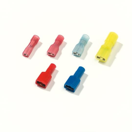 RB63V Spec-Kon Female Disconnect, 1.5 to 2.5 sq-mm Conductor, 6.3 x 0.8 mm Tab, Brazed Seam Barrel, Brass, Blue, Fully Insulated