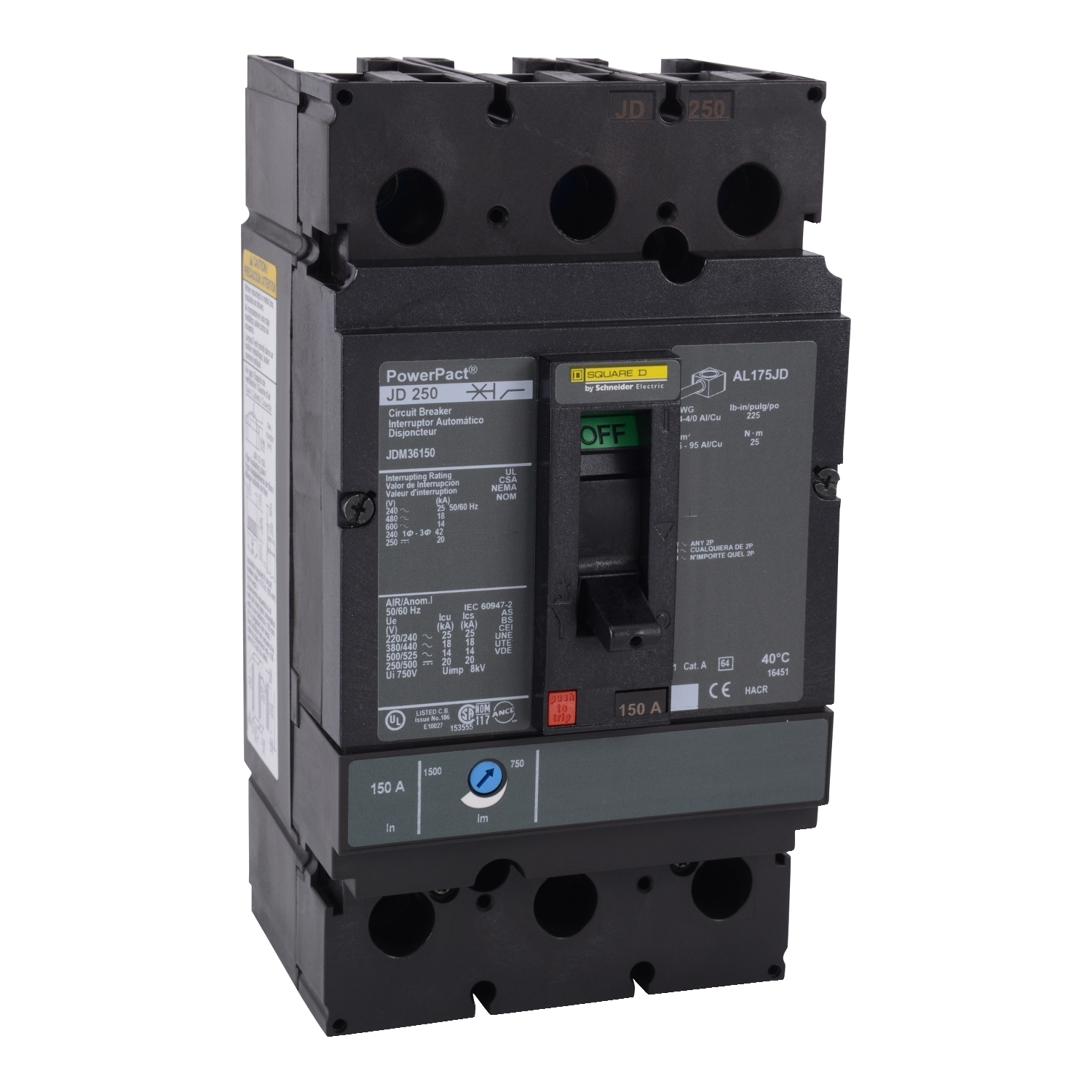 JDM36200 PowerPact 80% Rated Molded Case Circuit Breaker, 600 VAC, 250 VDC, 200 A, 14/18/20/25 kA Interrupt, 3 Poles, Thermal Magnetic Trip