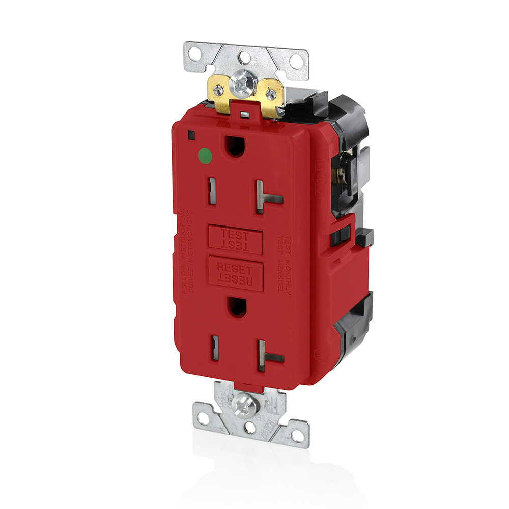 MGFT2-HGR SmartlockPro Slim Feed-Through Self-Test Tamper-Resistant GFCI Receptacle, 125 V AC, 20 A, 2 Poles, 3 Wires, Red
