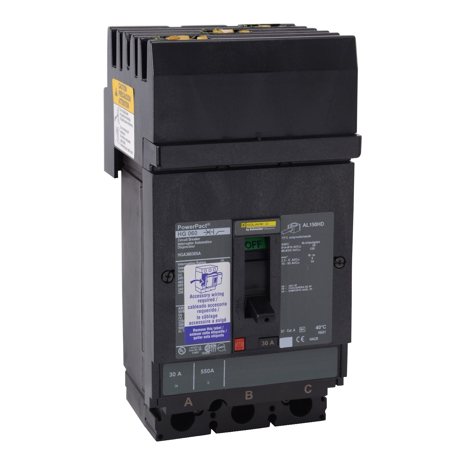 HGA36060U44X PowerPact Molded Case Circuit Breaker, 600 V AC, 60 A, 18 kA Interrupt, 3 Poles, Electronic Trip